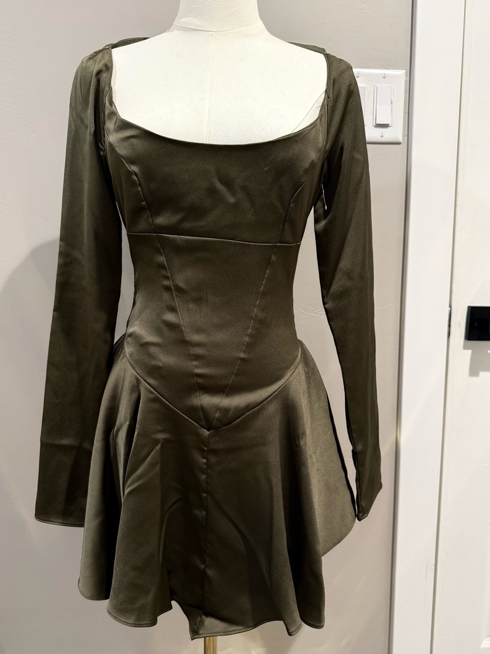 Olive Green Long-Sleeve Square Neck Fit-and-Flare Dress